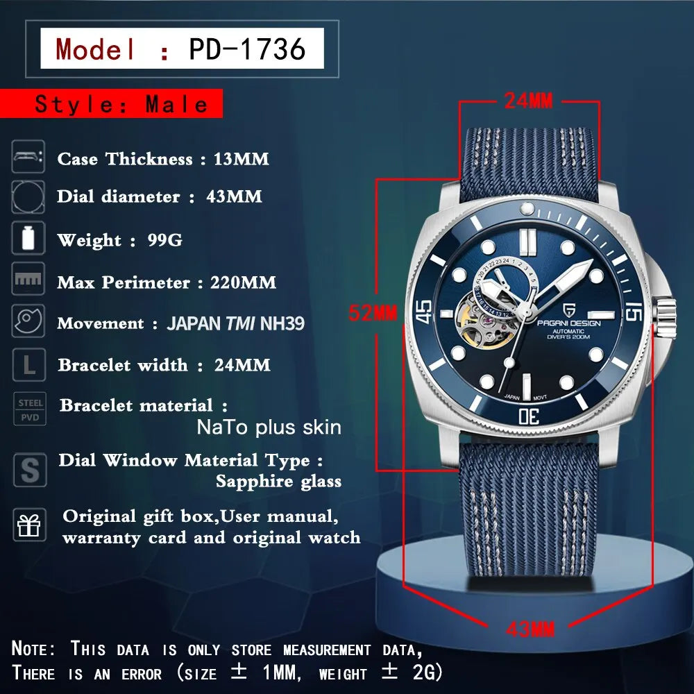 Relógio Pagani moda safira 200m à prova água automático timecode