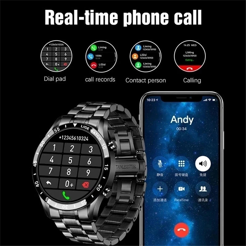 Relógio LIGE Luxury Full Circle Touch Screen Men Smart Watch Bluetooth Call Steel Band Waterproof Sports Fitness Watch For Android IOS