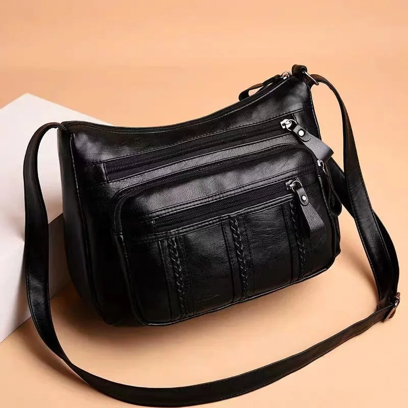 Bolsa feminina multicamadas de couro crossbody
