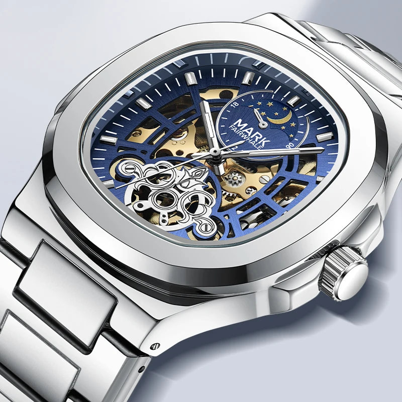 Relógio Tourbillon esqueleto luxo automático  quadrado à prova d'água