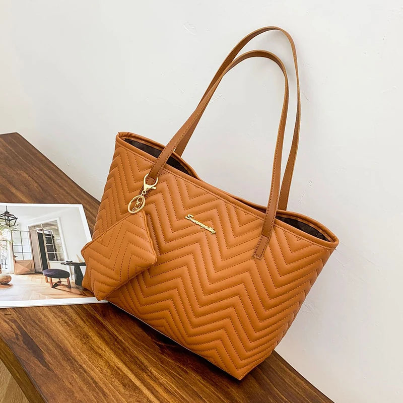 Bolsa feminina moda grande capacidade sacola ondulada grão diário viagem bolsa de duas peças