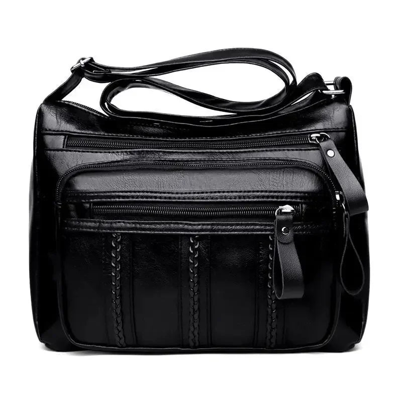 Bolsa feminina multicamadas de couro crossbody