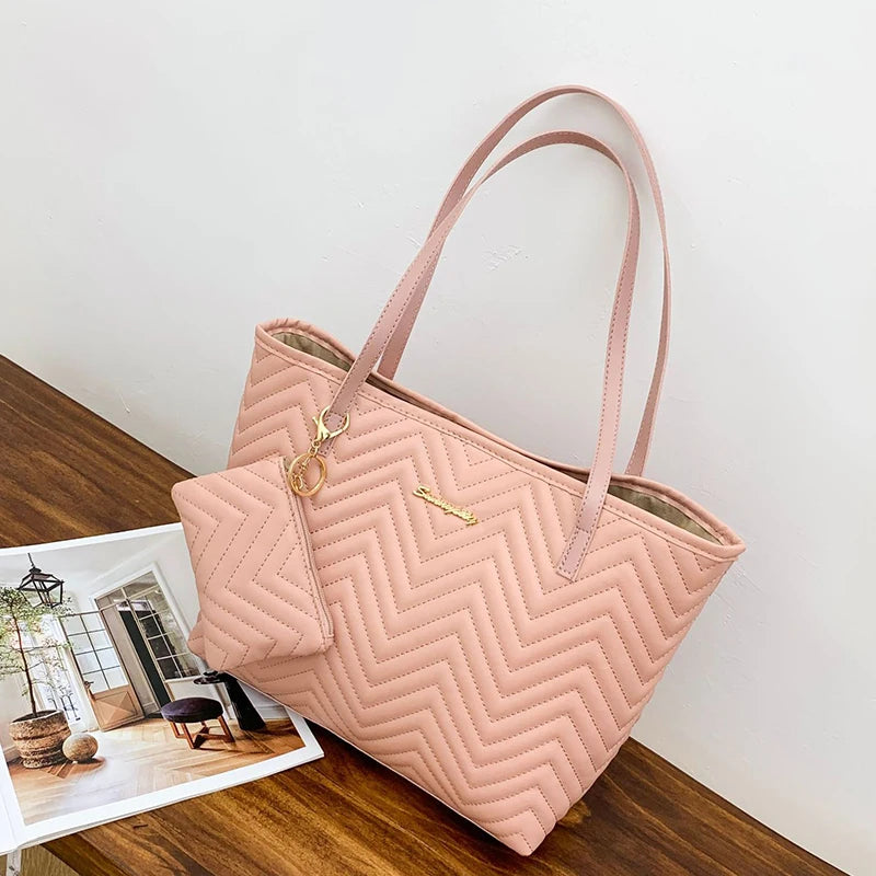 Bolsa feminina moda grande capacidade sacola ondulada grão diário viagem bolsa de duas peças