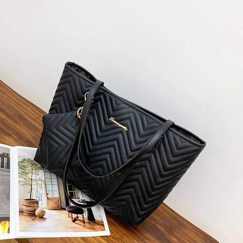 Bolsa feminina moda grande capacidade sacola ondulada grão diário viagem bolsa de duas peças